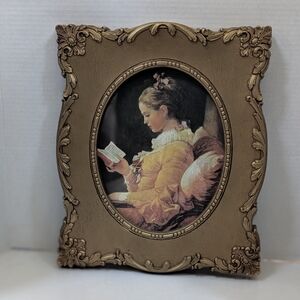 Vintage Young Girl Reading By Fragonard Print in Ornate Gold Frame by Homco
